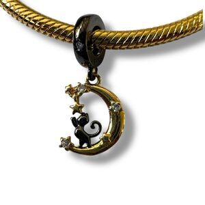 Black Cat on Crescent Moon Pandora Compatible Charm Celestial Jewelry